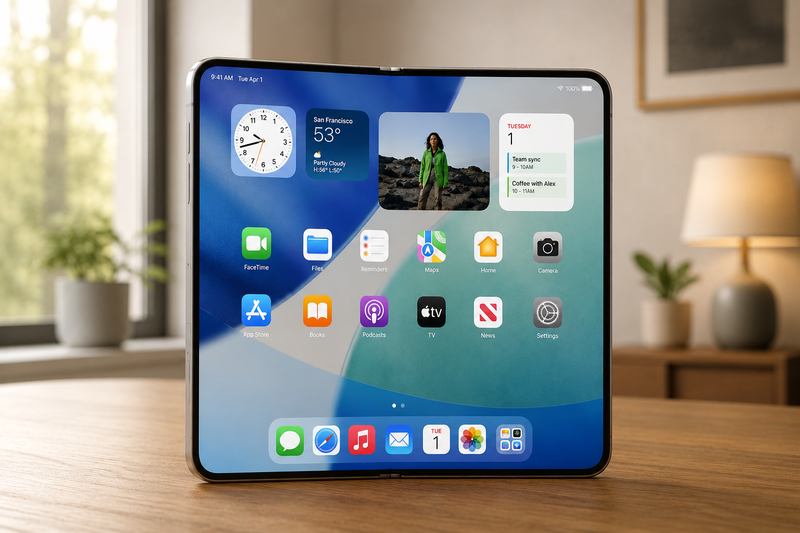iPhone Ultra 2026 open foldable display with iOS home screen
