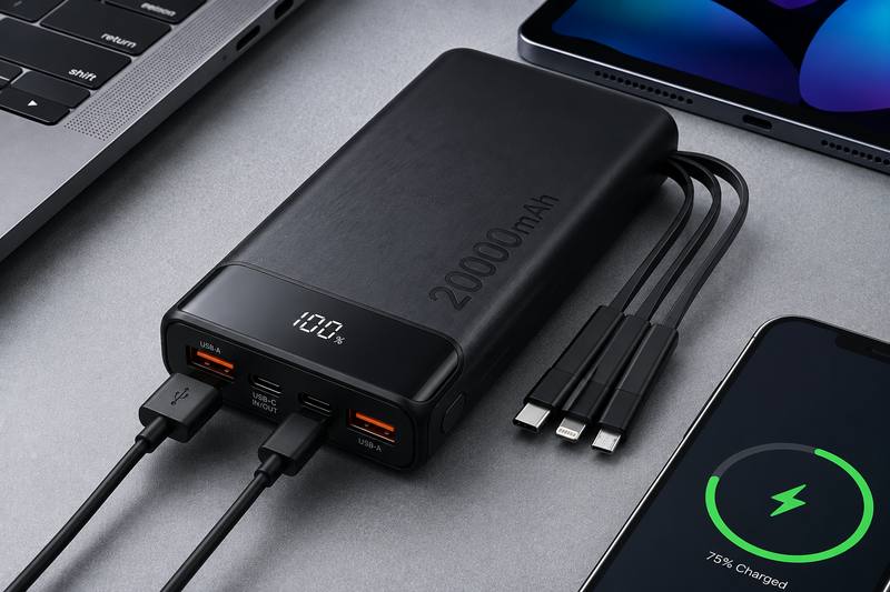 Black 20000mAh power bank ports