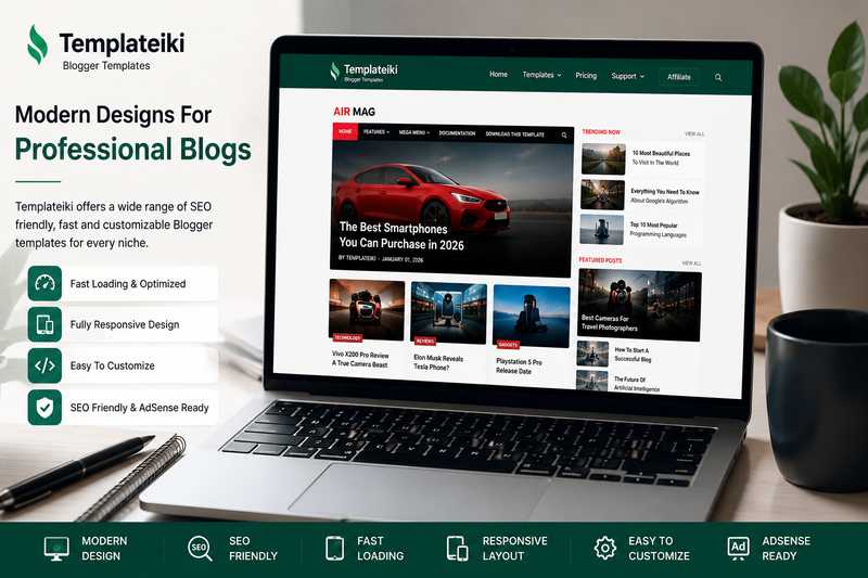Templateiki Blogger templates showcase on laptop